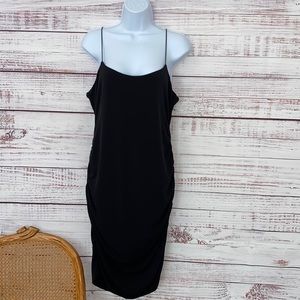 LEITH Women's Solid Black Fitted Ruched Spaghetti Strap Pull-On Dress.